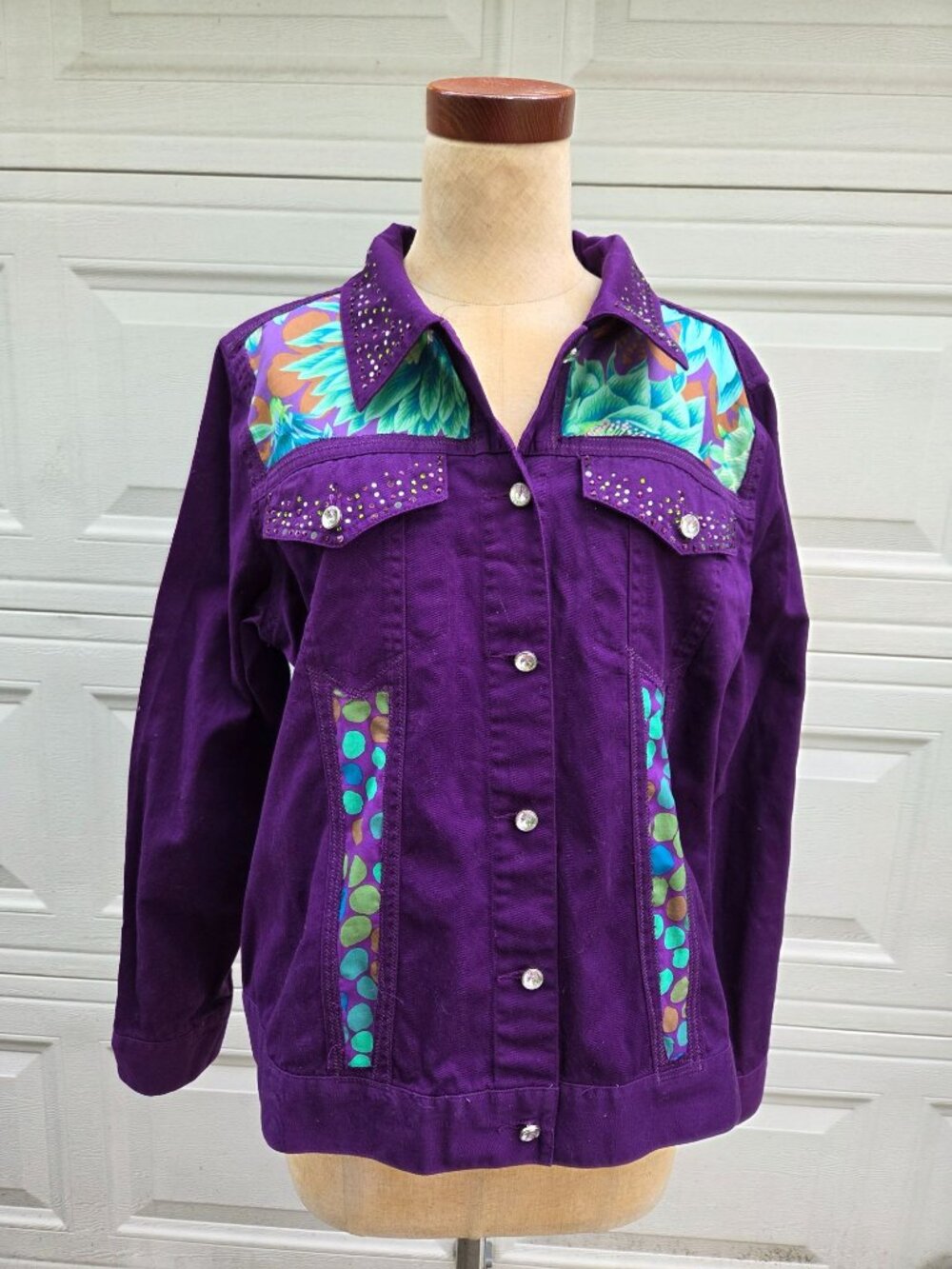 Upcycled Purple Denim Jacket With Kaffe Fassett Floral Panels & Rhinestone Accen